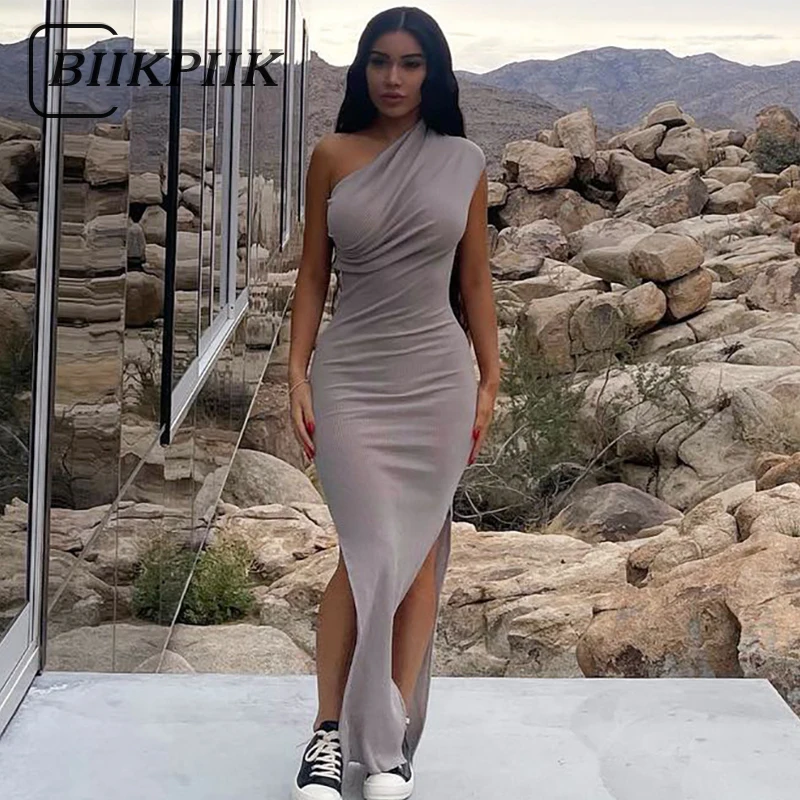 

BIIKPIIK 2022 Spring Women's Clothes Sleeveless Long Dresses Soild Vintage Streetwear Asymmetrical Neck Side Slit Bodycon Dress