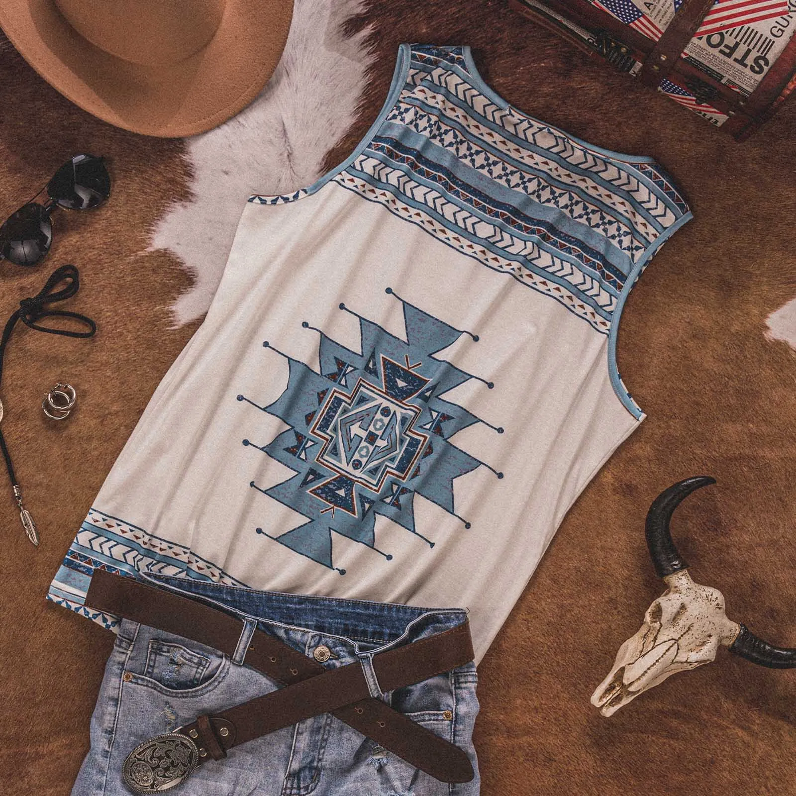 

Celela Summer New Western Tops T Shirts Ethnic Style Geometric Print Sleeveless T-shirt Vest Women's Clothes Clothing