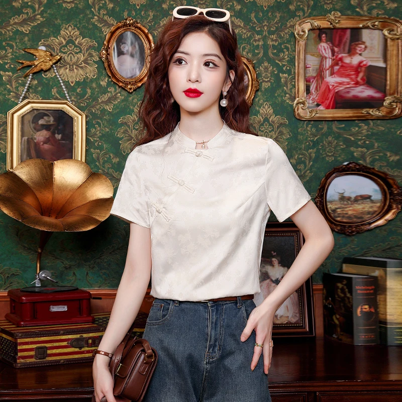 Женская шифоновая блузка в китайском стиле с коротким рукавом и