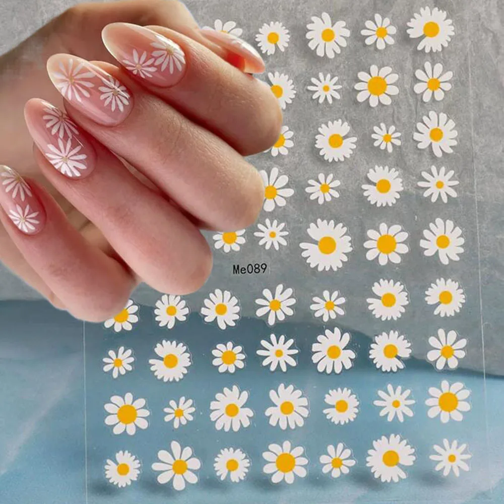 

Yellow Heart Daisy Nail Art Sticker Decals Self Adhesive Cute Sunflower Smile Face White Petal Floral Design Manicure Slider