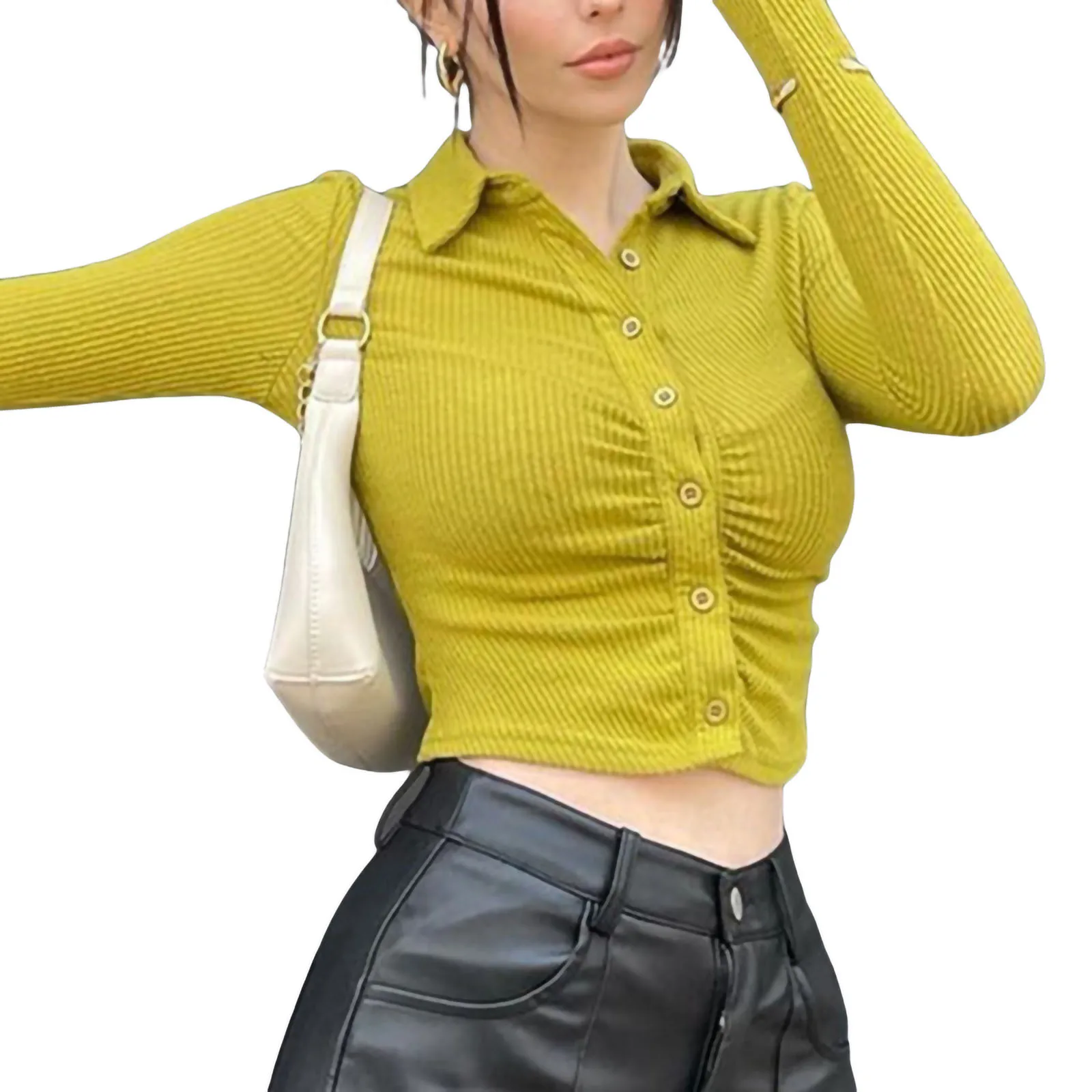 

Women Crop Tops, Lapel Neck Solid Color Long Sleeve Rib Surface Pleated Chest Button Shirt
