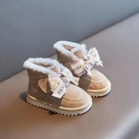Зимние теплые ботинки для девочек 2022, бархатные теплые хлопковые ботинки, Детские утепленные короткие ботинки принцессы с бантом