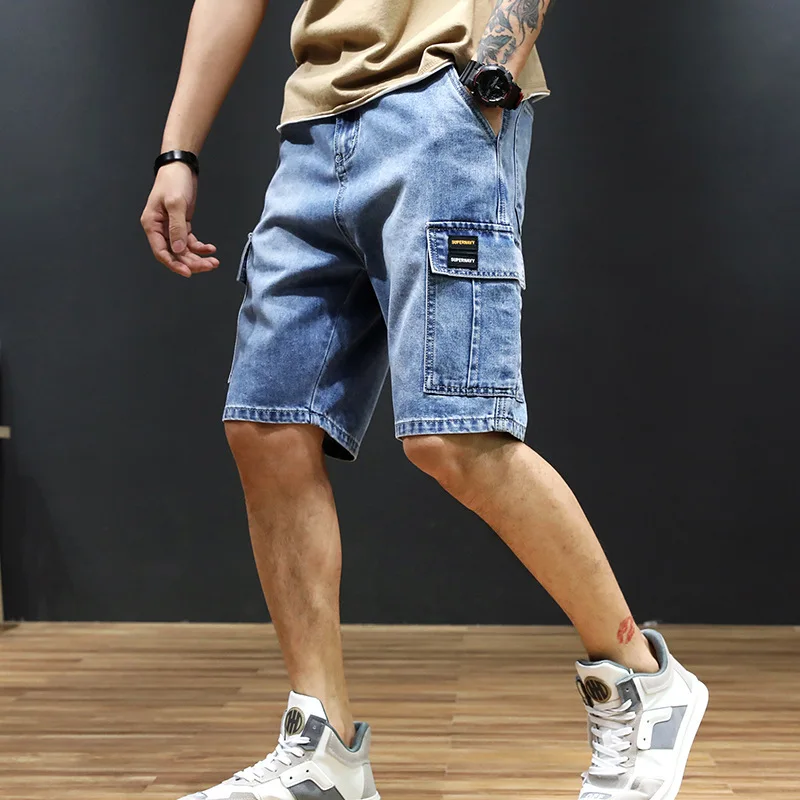 

Джинсовые шорты мужские с несколькими карманами, Короткие свободные штаны из денима, прямые шорты в стиле хип-хоп, летние брюки-карго