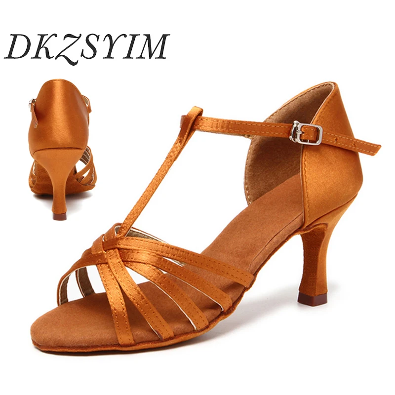 DKZSYIM Brown Latin Dance Shoes Women Satin Professional Ballroom Dance Shoes Soft Suede Soles Dance Sandals 5/7CM Wholesales