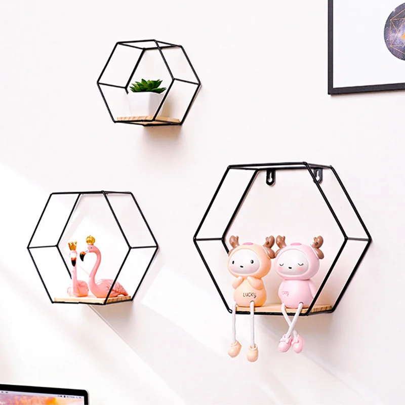 Hexagonal Storage Rack Nordic Style Iron Wall Shelf Wall-mounted Tv Background Bedroom Bedside Storage Holder Home Decoration