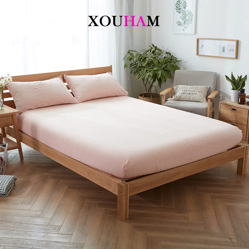 

XOUHAM 100% Cotton Fitted Sheet Solid Color With Elastic Bands Non Slip Adjustable Mattress Covers Single Double King Queen Bed