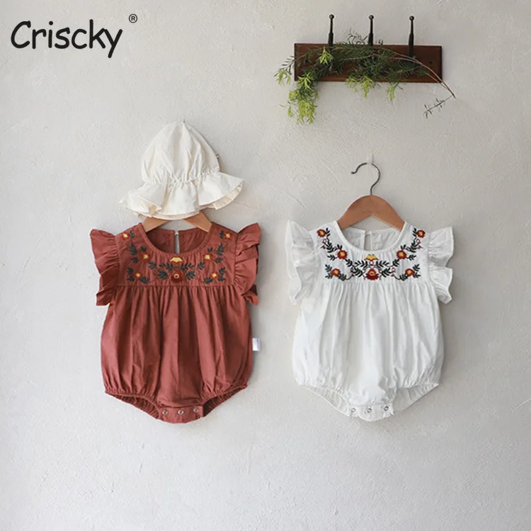 

Criscky 2022 Baby Summer Fashion Clothing Infant Newborn Baby Girl Floral Embroidery Romper Fly Sleeve Ruffled Jumpsuits
