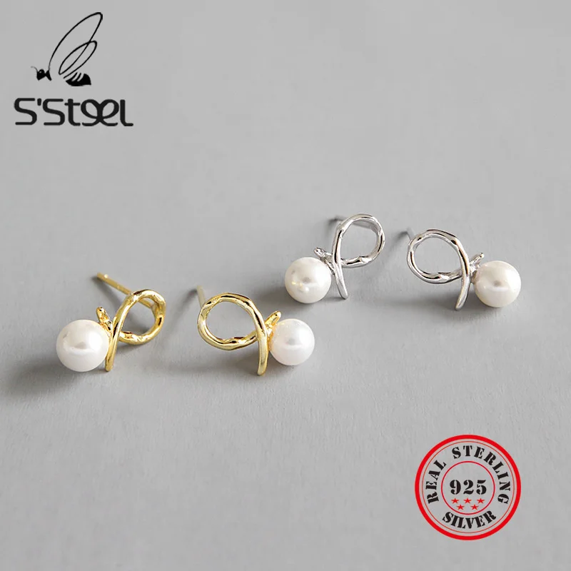 

S'STEEL Freshwater Pearl Earrings For Women 925 Sterling Silver Gold Stud Earring Pendientes De Perlas De Agua Dulce Y Plata 925