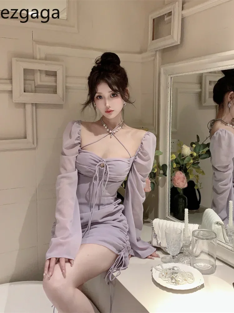 gaga seksowne sukienki damskie bandaż kwadratowy kołnierzyk stosowany rękaw sznurek solidna szczupła elegancka Mini sukienka damska moda w stylu