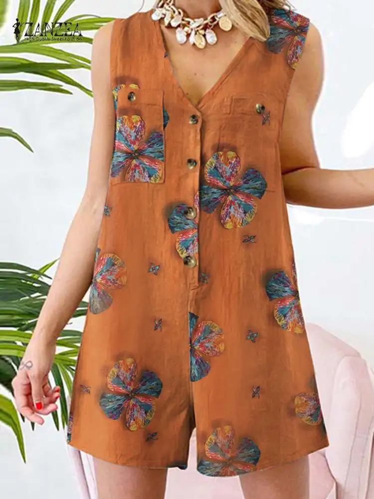 

ZANZEA Casual Vintage Elegant Holiday Overalls Summer Floral printed Jumpsuit Sleeveless O-Neck Rompers Bohemian Women Playsuits