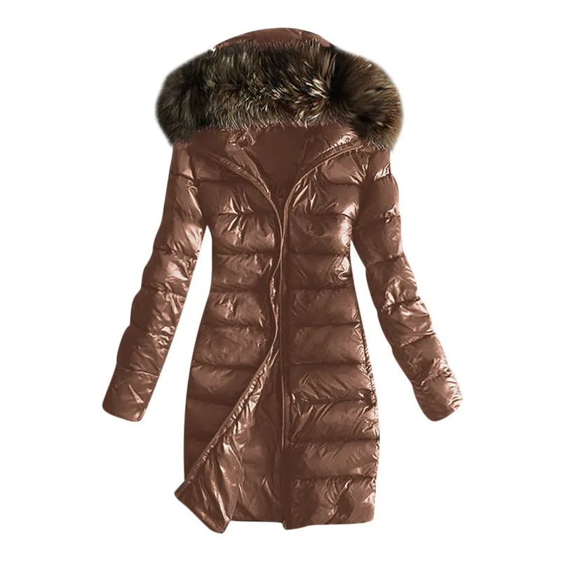Casual Cotton Jackets Overcoat Female Outwear Warm Fur Collar Hoodie Parka Coat Women Winter Brown Hooded Coats Slim Fit  Jacket