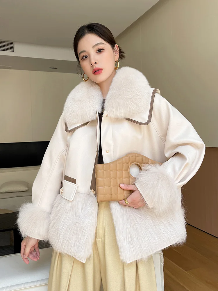 New Women Real Fur Coat Autumn Winter Fashion Casual Thick Warm Fox Fur Collar Double-faced Fur Suede Jacket Loose Outerwear