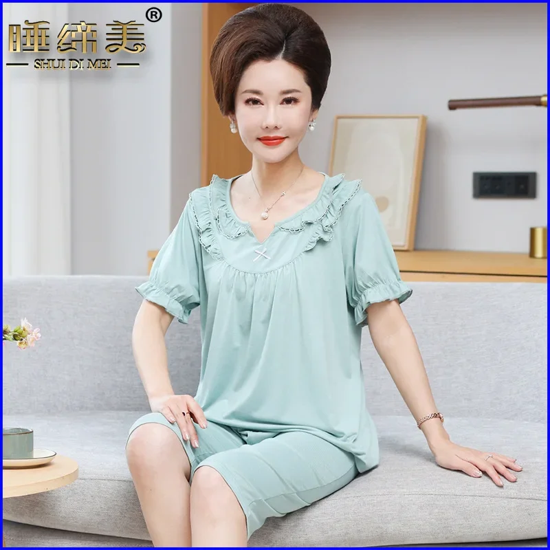 Летняя женская одежда для сна из модала с короткими рукавами брюки семью