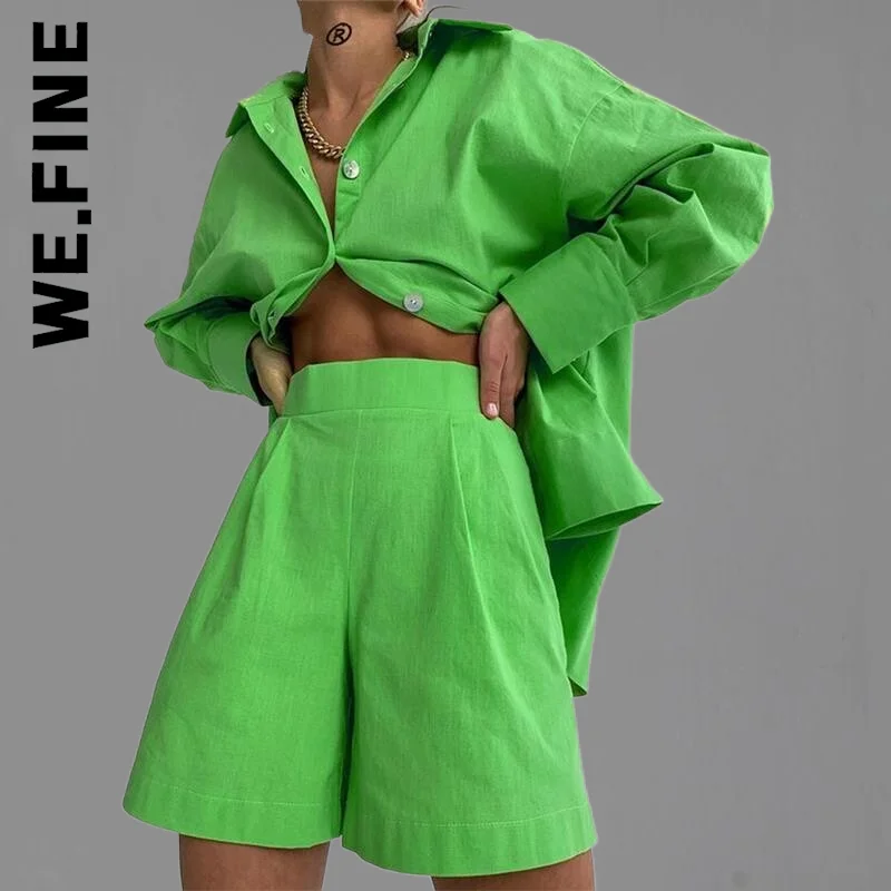 We.Fine Casual Women Short Set Tracksuit Loungewear Two Piece Women Outfits Long Shirt And High Waist Shorts Green
