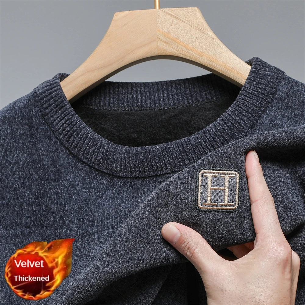 Зимний мужской теплый флисовый свитер с круглым вырезом и вышивкой вязаные