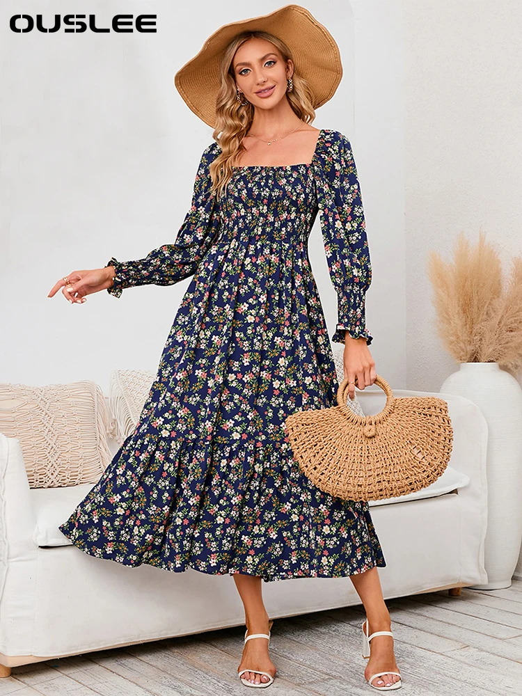 

OUSLEE-Женское повседневное шифоновое платье с расклешенными рукавами, элегантное женское платье, принт с квадратным воротником, платье с цветочным принтом и длинным рукавом, весна