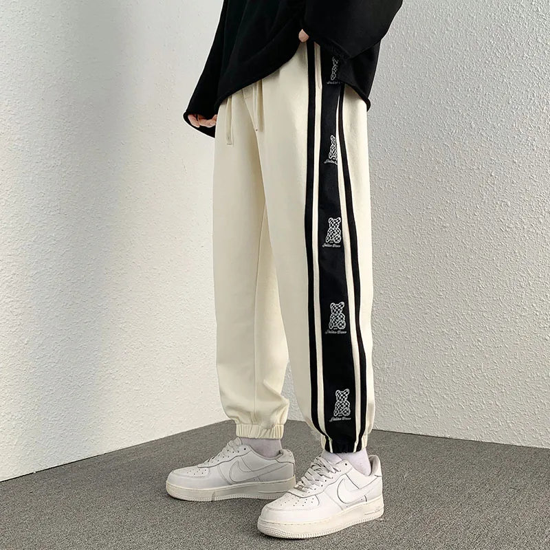 

Men's Color Matching Side Stripes Funny Bear Drawstring Casual Sports Pants Straight Hip Hop Loose Pants Couple Pants