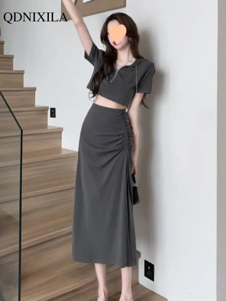 

Women's Summer Skirts Suit Korean Hot Girl Hooded Short Sleeve Top Hight Waist Folds Slit Skirt New In Matching Sets 2Piece Sets