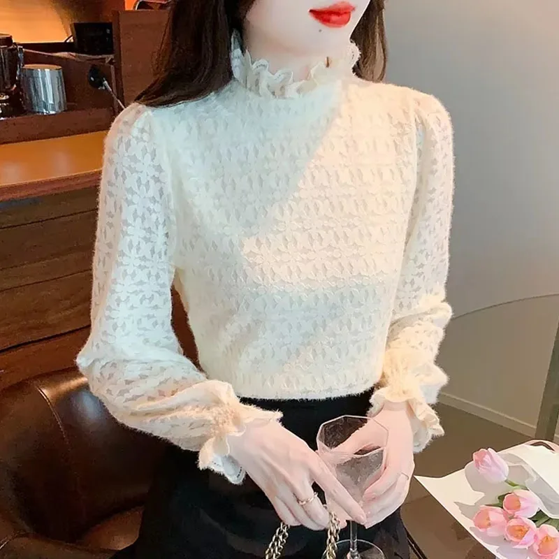 Модная женская блузка с длинным рукавом бархатная утолщенная кружевная рюшами