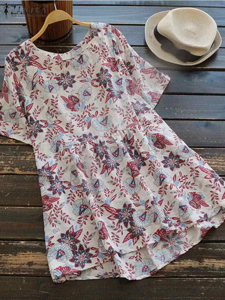

ZANZEA Floral Printed Vintage Tee Blusas Summer Blouses Women Cotton Tops Short Sleeve Tops O-Neck Blouse Oversized Tunic 2023