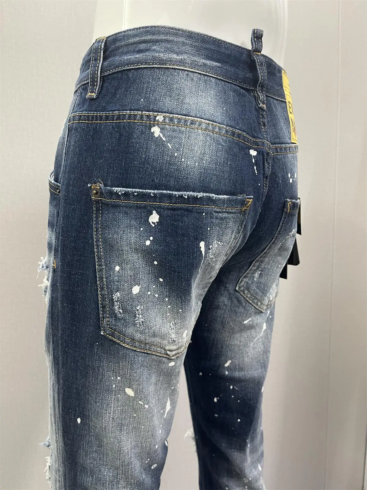 2023 Spring/Summer New Jeans Fashion Men's Water Wash Worn Hole Patch Hand Sewn Paint 3D Cut Blue Denim Pants Men