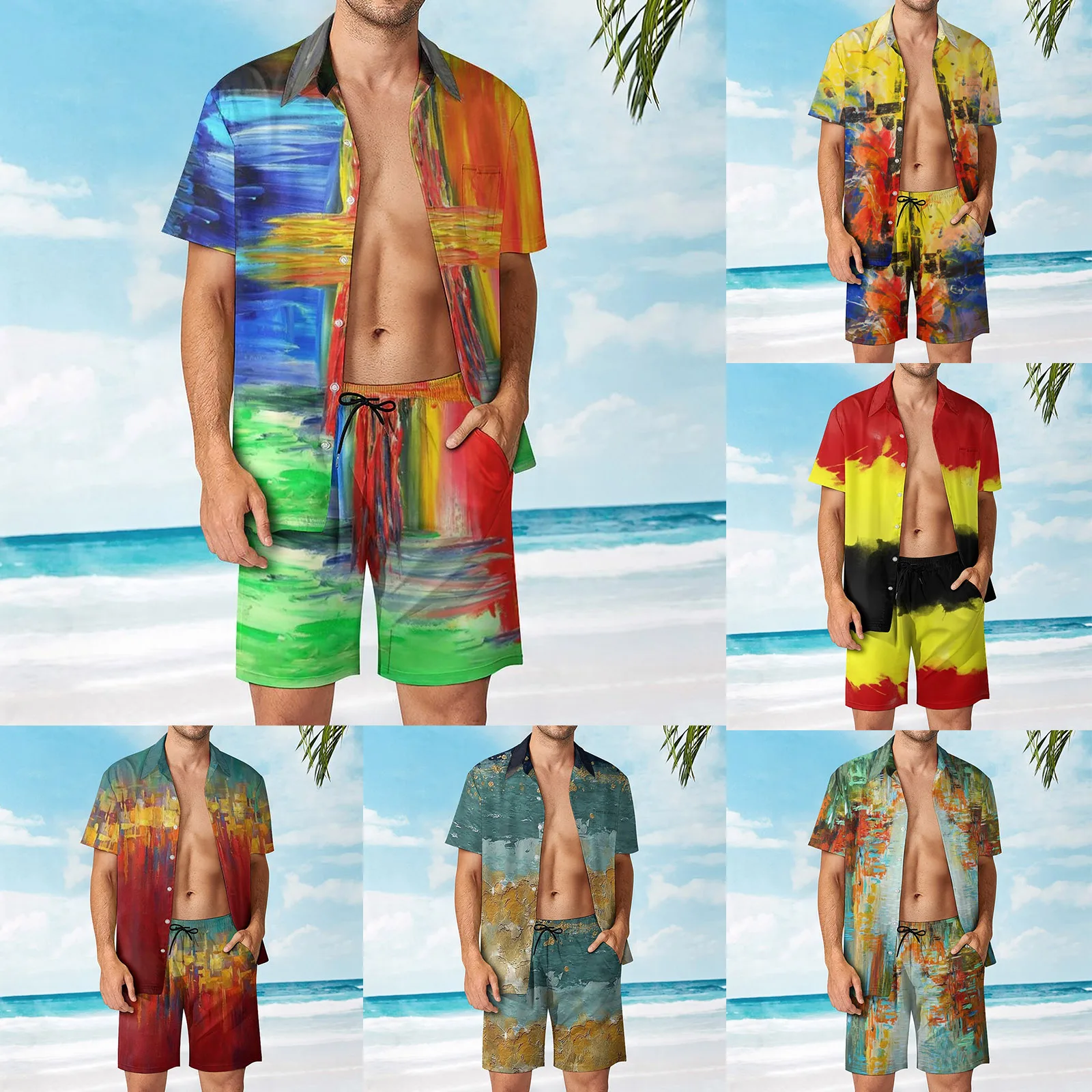 

Mens Summer Hawaii Seaside Holiday Beach Digital 3D Printing Short Sleeved Shirt Shorts Beach Pants Suit Two Piece Guys Tuxedo