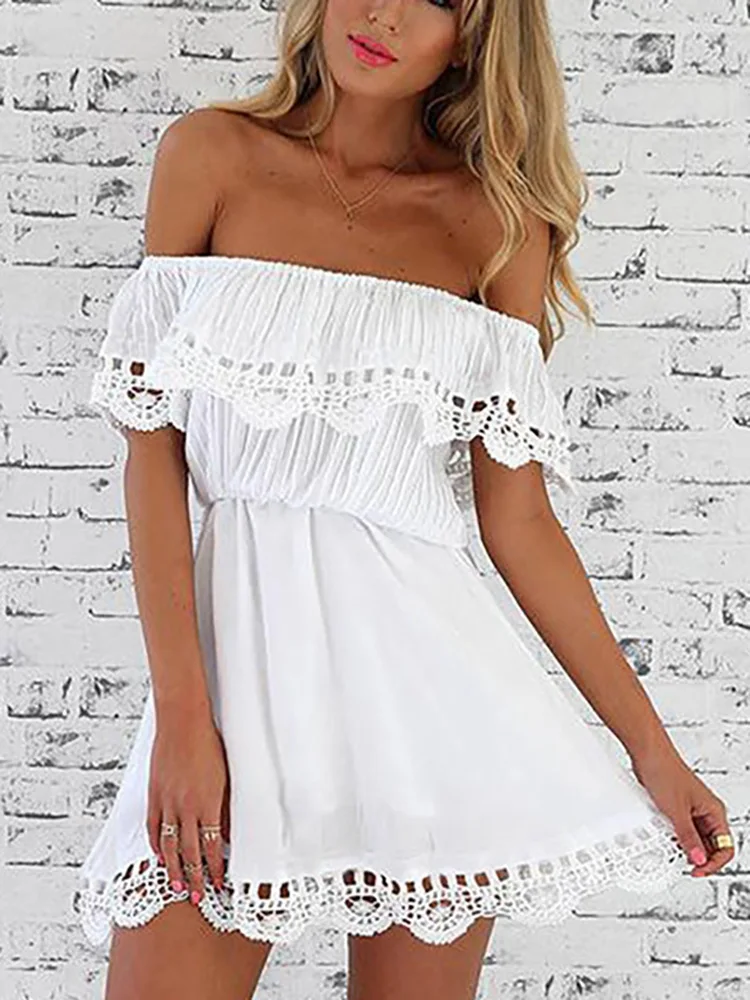 

Платье женское кружевное короткое с открытыми плечами, элегантный винтажный Повседневный Мини Сарафан с вырезом лодочкой, пляжная одежда, ...