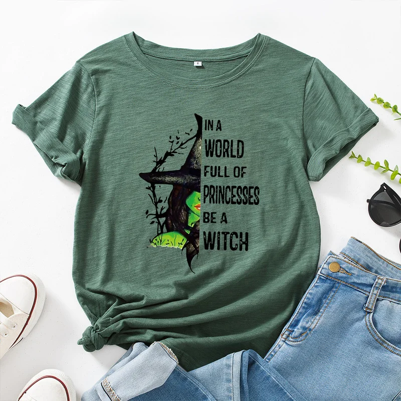 JCGO Fashion Summer T Shirts Women Casual Graphic Cotton Halloween Witch Print Female Short Sleeve Tshirt Vintage Lady Tops Tees
