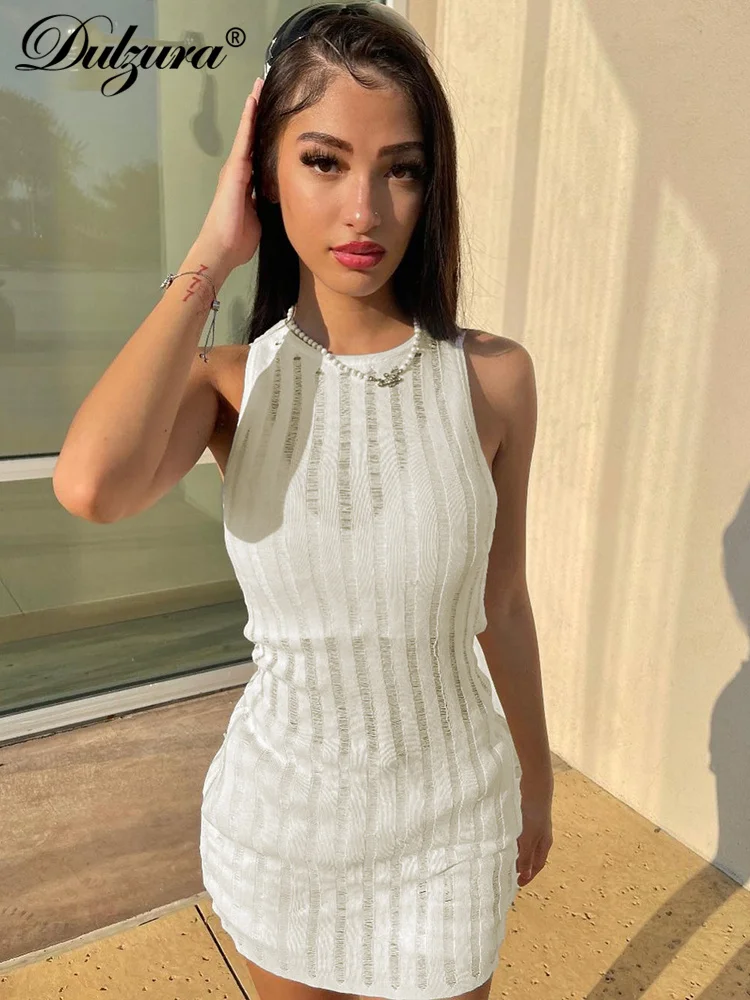 

Dulzura Stripe Knitted Mini Dress Sleeveless Bodycon Sexy Streetwear See Through Beach Cover Up Outfit For Women 2023 Summer