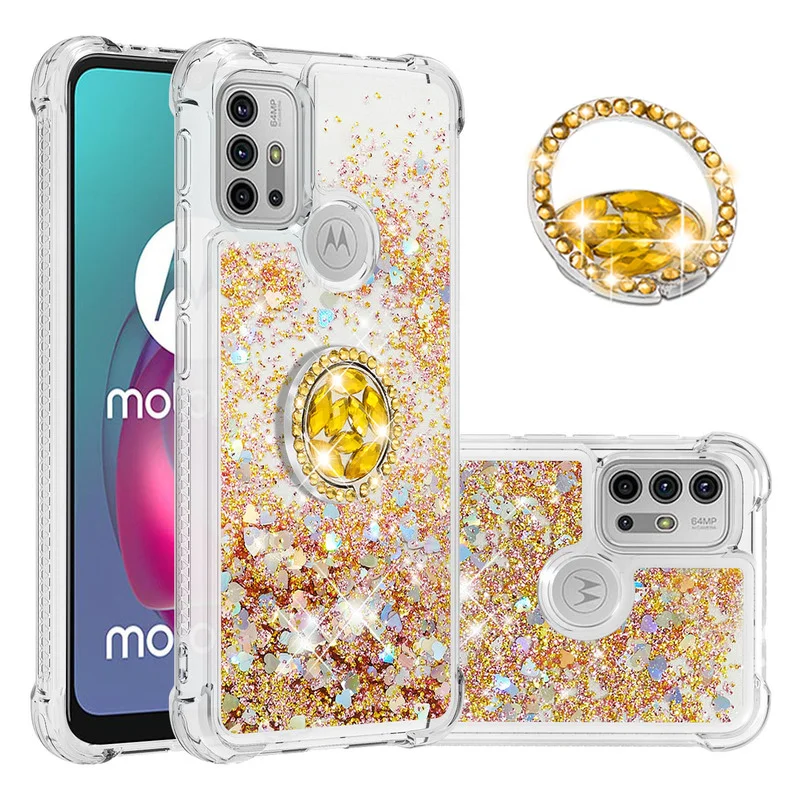 

Car Holder Ring Cover Liquid Dynamic Quicksand Glitter Phone Case For Motorola Moto G30 G10 E7 Stylus Power Play G9 E6 Plus Capa