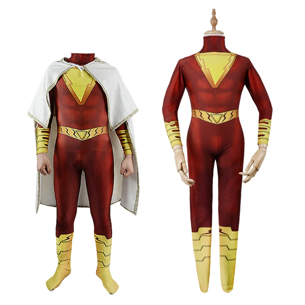 

Kids Children Shazam Cosplay Costume Anime Fury of the Gods Jumpsuit Cloak Fantasia Halloween Carnival Role Disguise Clothes