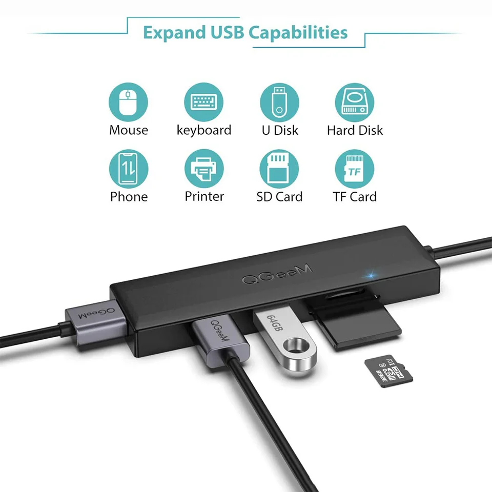 Qgeem 5-в-1 Usb 3.0-концентратор С Кард-ридером Для Ноутбуков — Многофункциональный