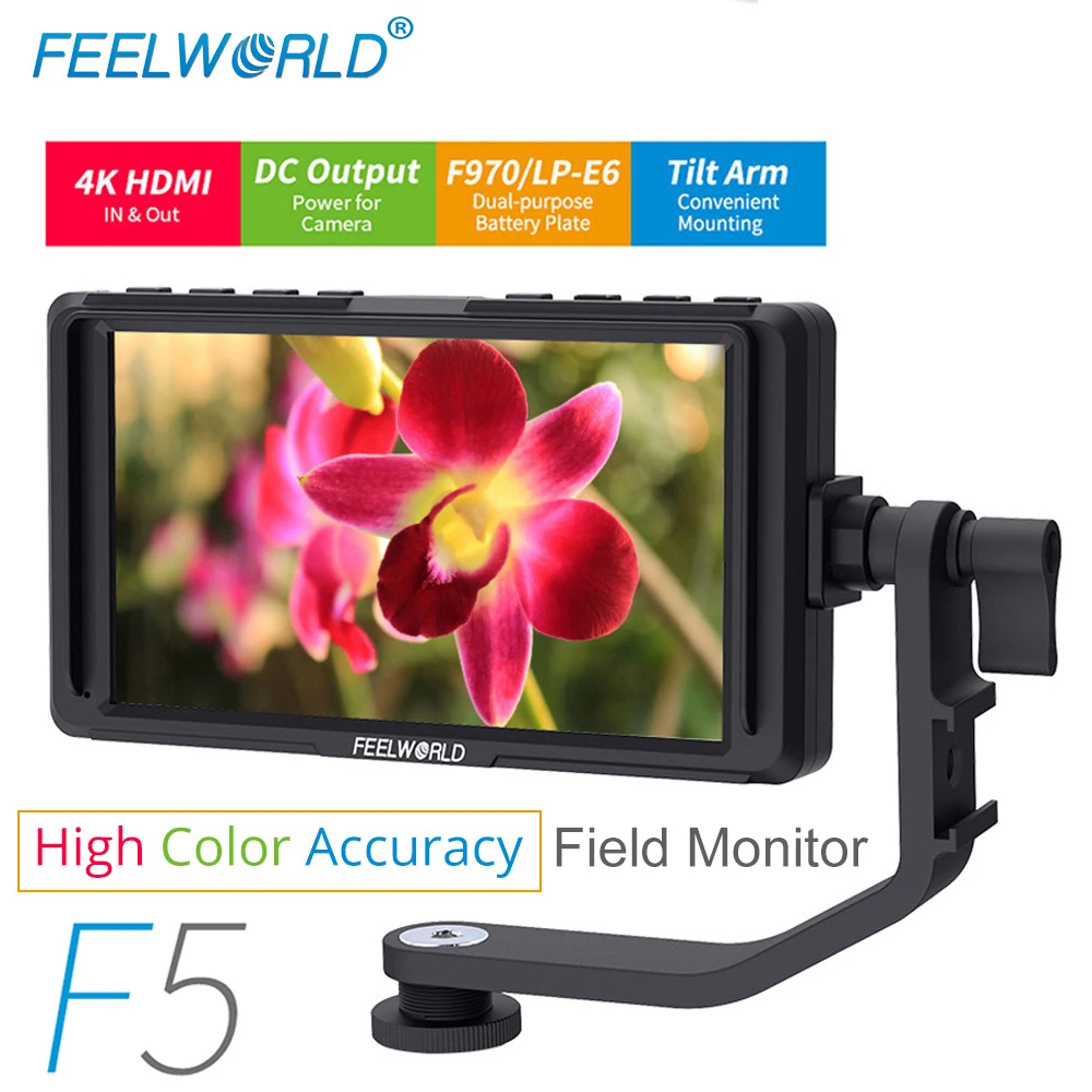 

FEELWORLD F5 On Camera Field Monitor Full Small 5 Inch HD 1920x1080 LCD DSLR Monitor DC Power Tilt Arm for 4K HDMI Input Output