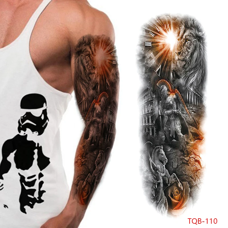 

Временная татуировка с большими рукавами воин Лев водостойкая Мужская и Женская Живопись тела на всю руку солнце искусственная Татуировка наклейка