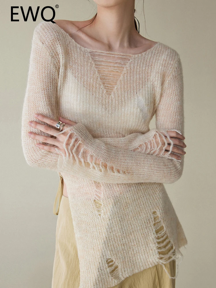 

EWQ Fashion Hole Hollow Out Knitting Sweater For Women Slash Neck Long Sleeve Solid Pullover Female Tops 2023 Autumn New 26D4781