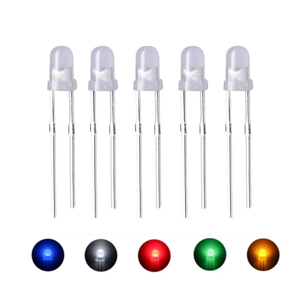 

100 Pcs 3mm Diffused LED Diode White/Green/Red/Blue/Yellow Light Emitting Diodes Multicolor Bulb Lamps Electronics Components