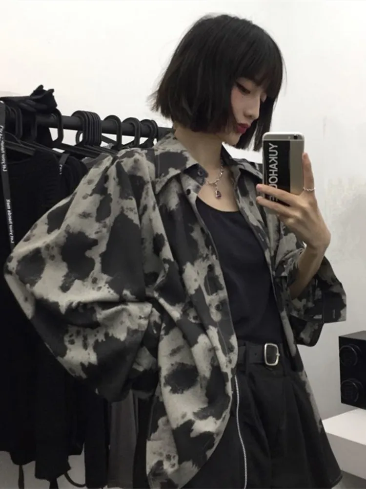 

EYouth Tie Dye Gothic Shirt Women Harajuku Vintage Oversize Streetwear 2022 Punk Long Sleeve Pattern Cardigan Grunge Kpop Chic