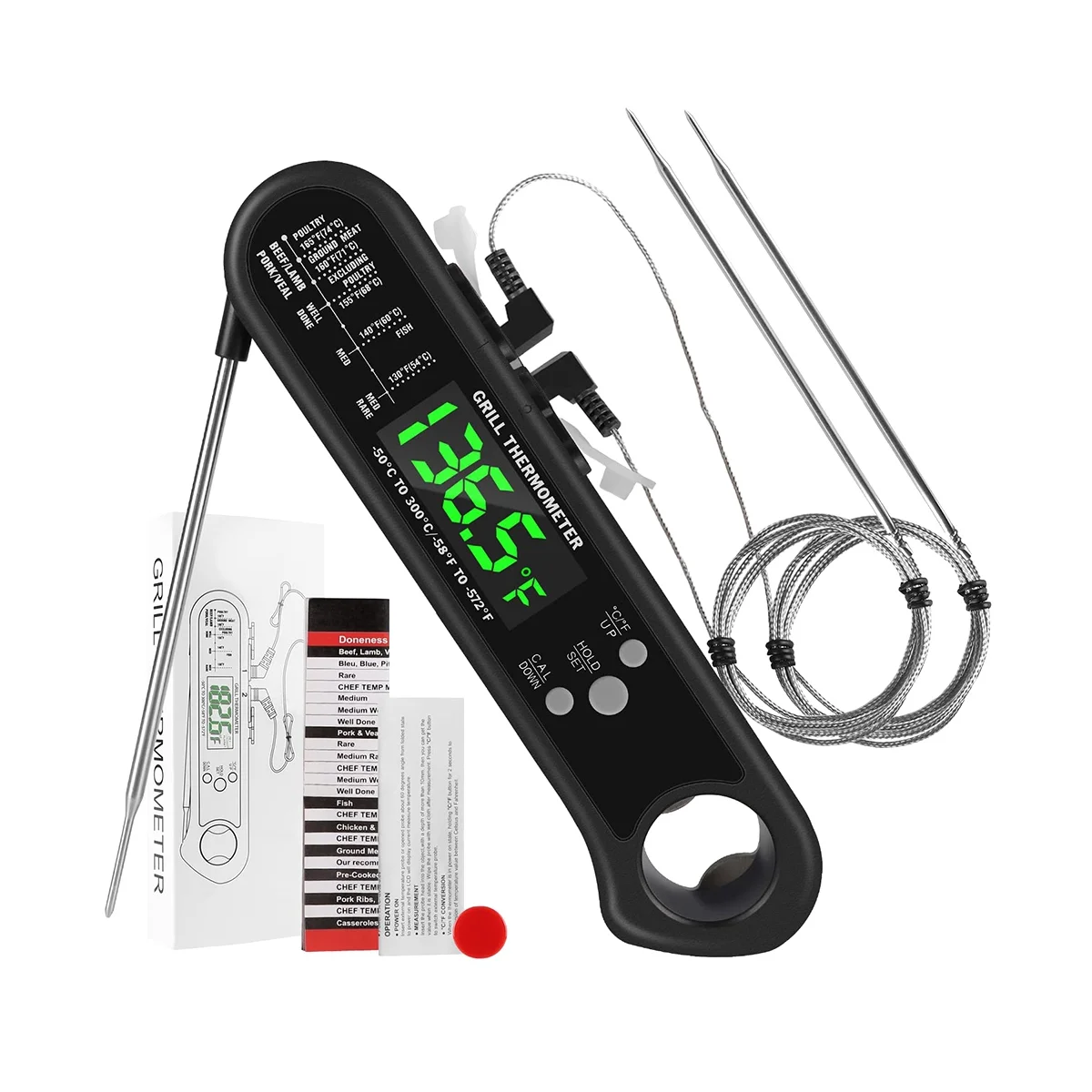 

Цифровой термометр для мяса 3 в 1, термометр для мгновенного считывания пищи с 2 съемными проводными зондами, калибровка, функция сигнализации