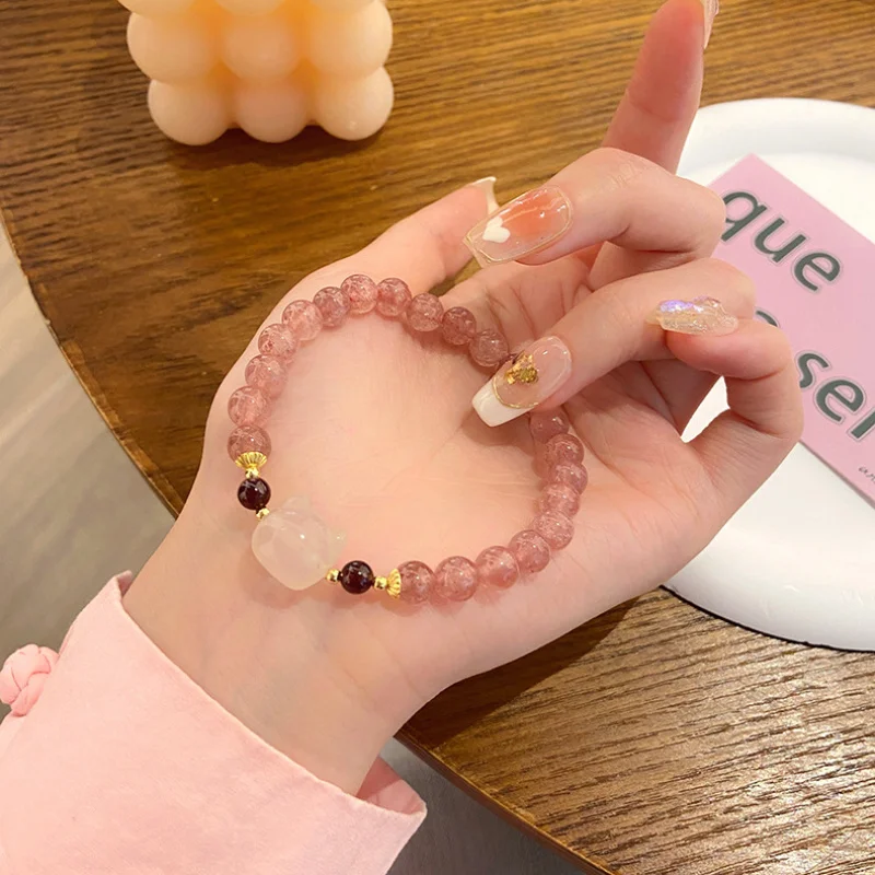 Браслет с изображением клубники кварца личи желе агата и головы кошки