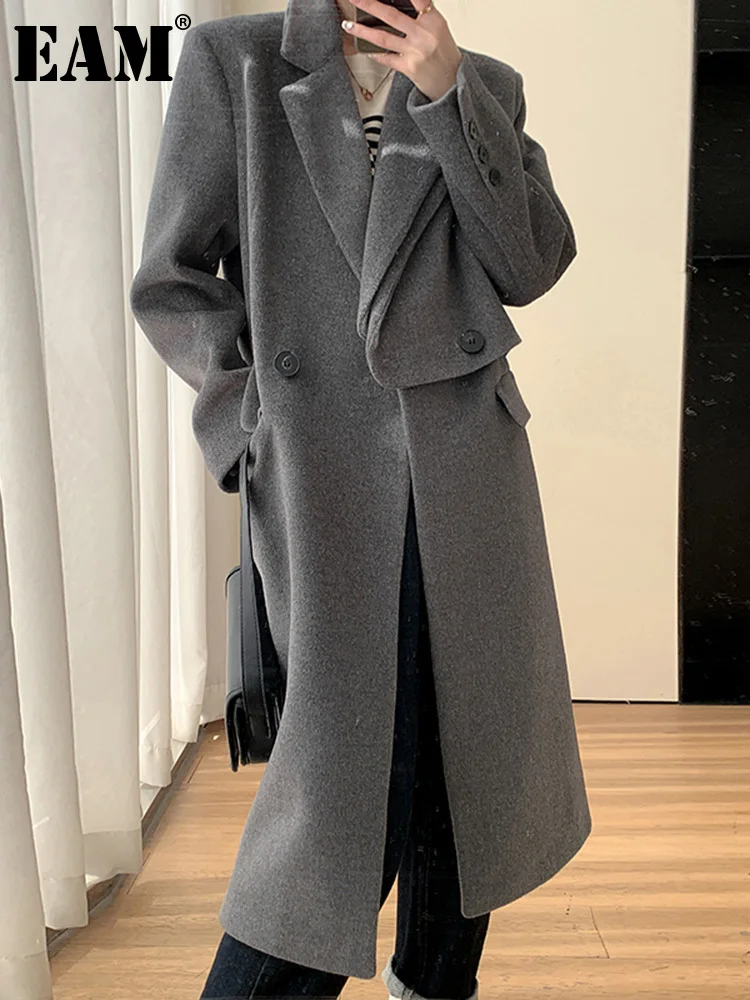 

[EAM] Loose Fit Gray Double Layer Collar Long Woolen Coat Parkas New Long Sleeve Women Fashion Tide Autumn Winter 2023 1DF3591