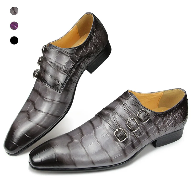 Monk Dress shoes Crocodile Print Classic gentleman Men Wedding Party Leather Buckle Formal chaussures italiennes en cuir hommes