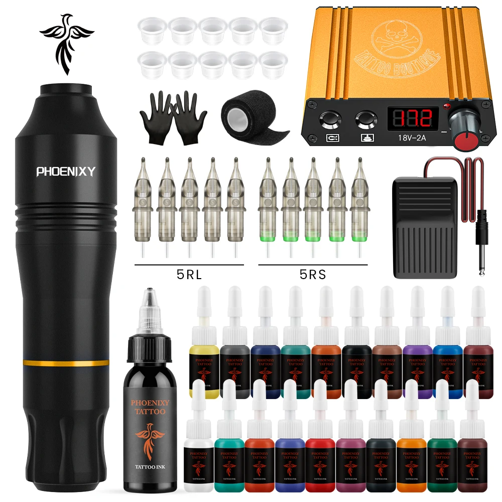 

Phoenixy Hign Qulity Tattoo Machine Pen Gun Kit with All Tattoo Supplies Tattoo Power Supply Needles Permanent Makeup Inks Set
