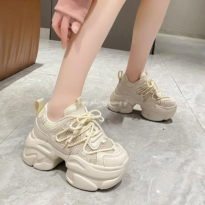 Authentic Leather Clunky Sneakers Female 2023 Spring Color Block Platform Height Increasing Casual Sneakers Shoes Women