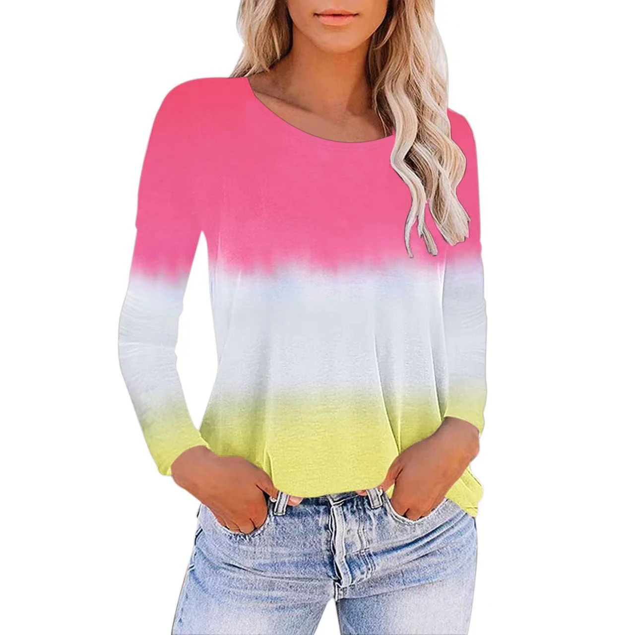 

Women's Long Sleeve T Shirt Casual Fashion Colorful Gradient Print Shirt Tops Oversize Female Y2k Clothes Harajuku Streetwear