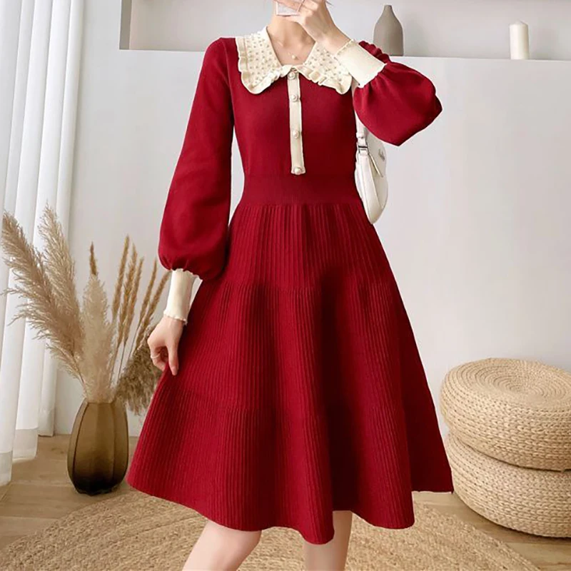 

French Vintage Autumn Winter Knit Dress Long Sleeve Slim Doll Collar Vestidos Women Simple Elegant Midi Knee Length Dresses 2022