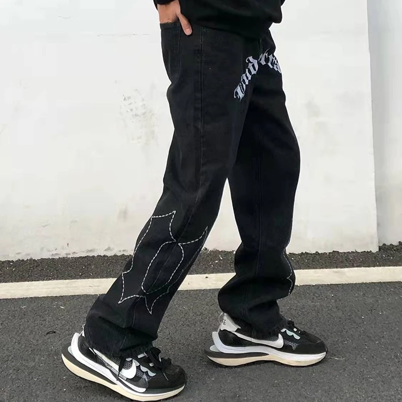 Y2K Mens/Women Black Streetwear Casual Harajuku Low Rise Skinny Grunge Male Jeans Pants Straight Denim Trousers Alt Clothes