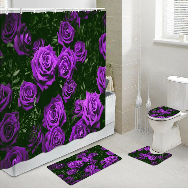 

Rose Flowers Bath Shower Curtain Waterproof Polyester Washable Non-Slip Mat Rugs Carpet Toilet Seat Cover Bathing Bathroom Decor