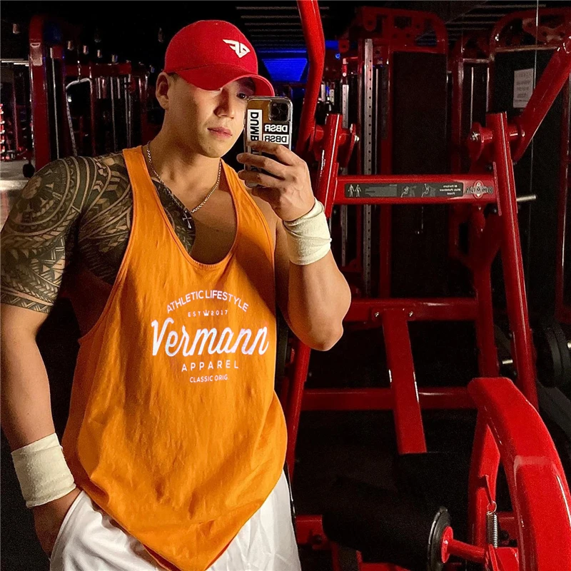 Оранжевая Майка для бодибилдинга майка тренажерного зала Мужская одежда фитнеса