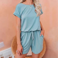 simple drawstring playsuits summer women o neck loose short sleeve playsuits plus size solid colors casual rompers with pocket