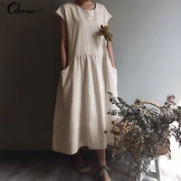 2021 summer celmia women dress vintage linen pleated long shirt sundress casual short sleeve loose maxi vestidos robe